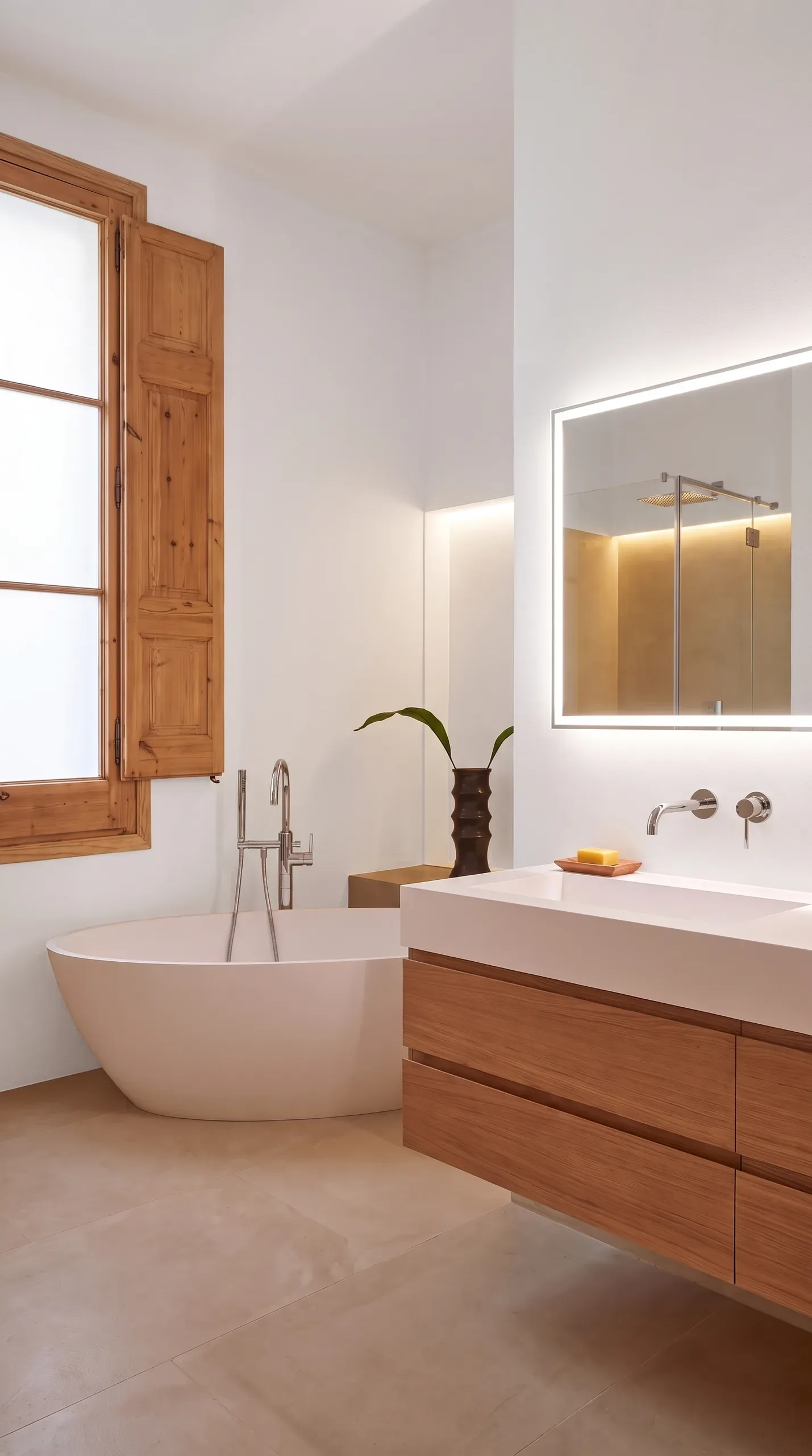 Baño con bañera exenta, mueble de madera y espejo retroiluminado junto a la ventana de madera