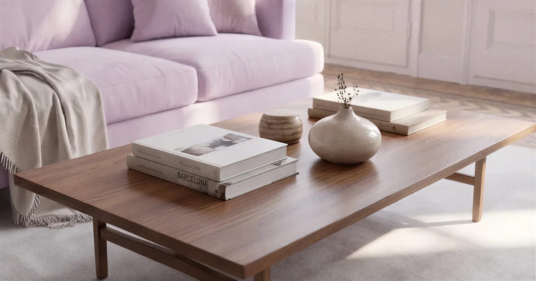 Libros y jarrón de cerámica sobre la mesa baja de madera del salón